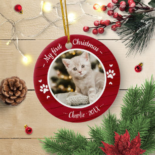 Kat Pet First Kerstmis Eenvoudige foto Rustige Metalen Ornament