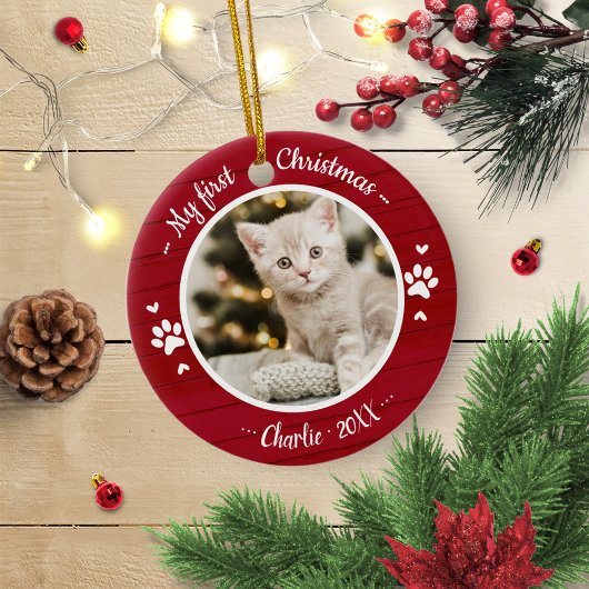 Kat Pet First Kerstmis Eenvoudige foto Rustige Metalen Ornament