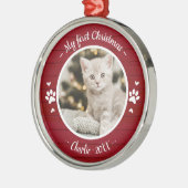 Kat Pet First Kerstmis Eenvoudige foto Rustige Metalen Ornament (Links)