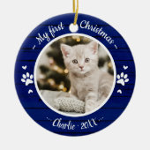 Kat Pet First Kerstmis Eenvoudige foto Rustisch Bl Keramisch Ornament (Voorkant)
