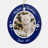 Kat Pet First Kerstmis Eenvoudige foto Rustisch Bl Keramisch Ornament (Links)