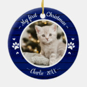 Kat Pet First Kerstmis Eenvoudige foto Rustisch Bl Keramisch Ornament (Achterkant)