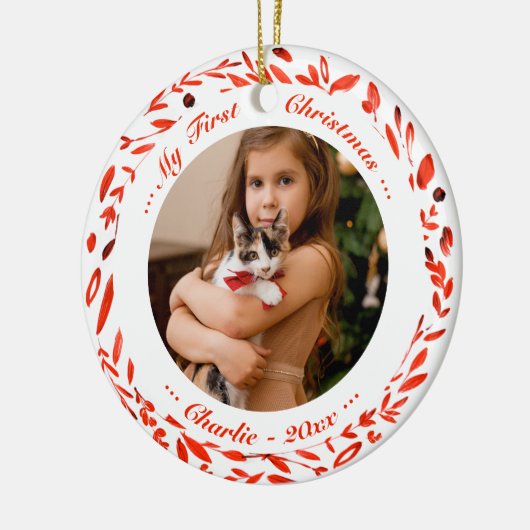 Kat Pet First Kerstmis Foto Red Wreater Keramisch Ornament (Links)
