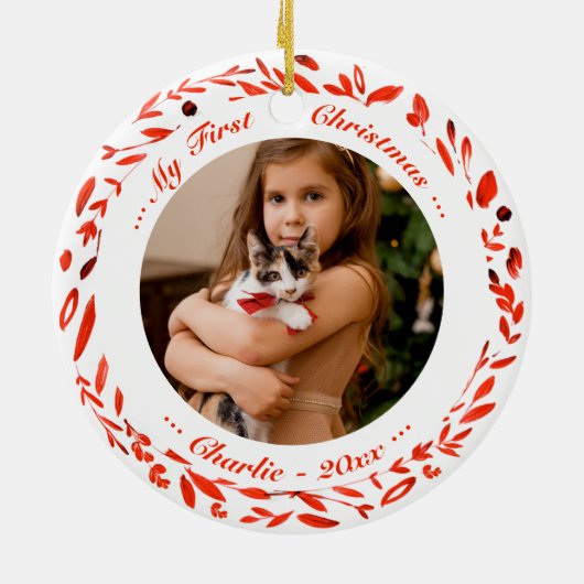 Kat Pet First Kerstmis Foto Red Wreater Keramisch Ornament (Achterkant)