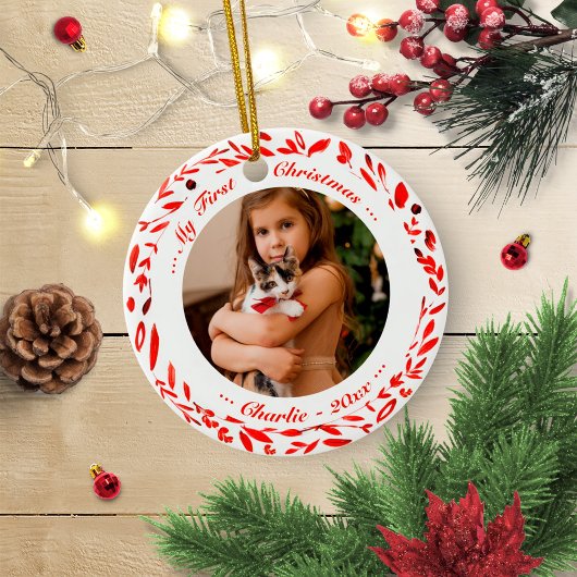 Kat Pet First Kerstmis Foto Red Wreater Keramisch Ornament
