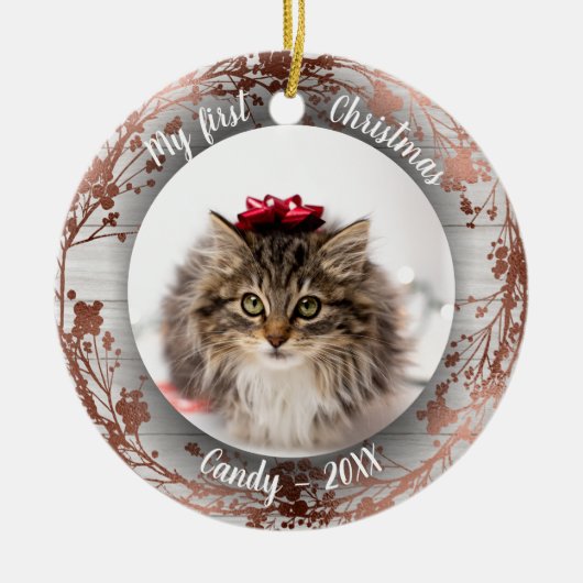 Kat Pet First Kerstmis Roos Foliën Keramisch Ornament (Voorkant)