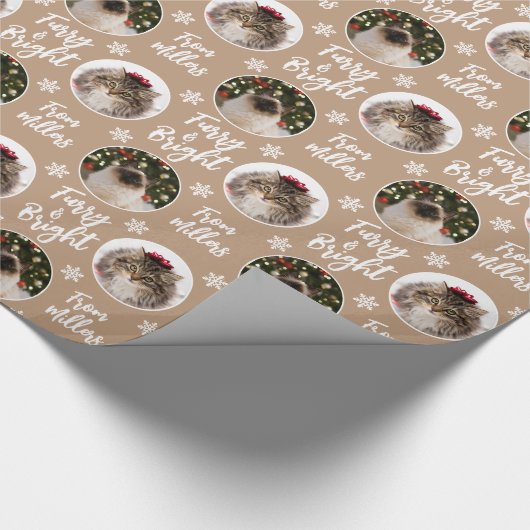 Kat Photo Furry & Bright Rustige White Kerstmis Cadeaupapier (Hoek)