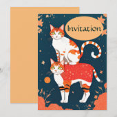 Kat-pigmentgember uitgenodigd op donker blauwgroen feestdagenkaart (Voorkant / Achterkant)