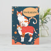 Kat-pigmentgember uitgenodigd op donker blauwgroen feestdagenkaart (Staand voorkant)