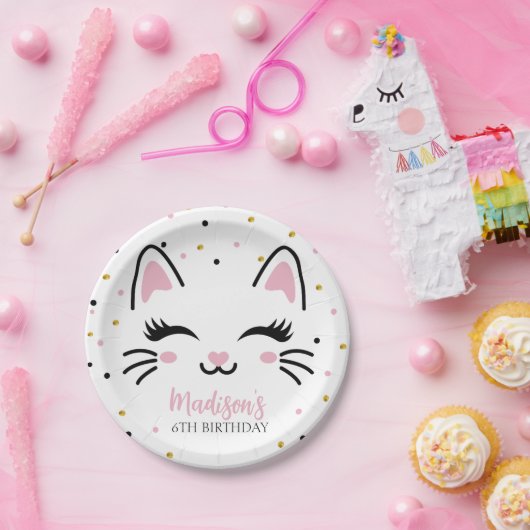 Kat Pink Gold Birthday Papieren Bordje (Feest)