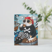 Kat Pirate in fuzzy zwarte trui met een kop koffie Briefkaart (Staand voorkant)