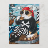 Kat Pirate in fuzzy zwarte trui met een kop koffie Briefkaart (Voorkant)
