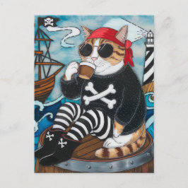 Kat Pirate in fuzzy zwarte trui met een kop koffie Briefkaart