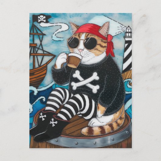 Kat Pirate in fuzzy zwarte trui met een kop koffie Briefkaart (Voorkant)