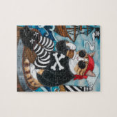 Kat Pirate in fuzzy zwarte trui met een kop koffie Legpuzzel (Horizontaal)