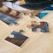 Kat Pirate in fuzzy zwarte trui met een kop koffie Legpuzzel (Zijkant)