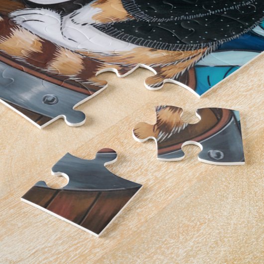 Kat Pirate in fuzzy zwarte trui met een kop koffie Legpuzzel (Zijkant)