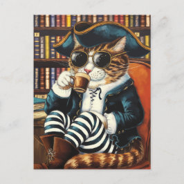 Kat piraten met een kopje koffie in een boekwinkel briefkaart