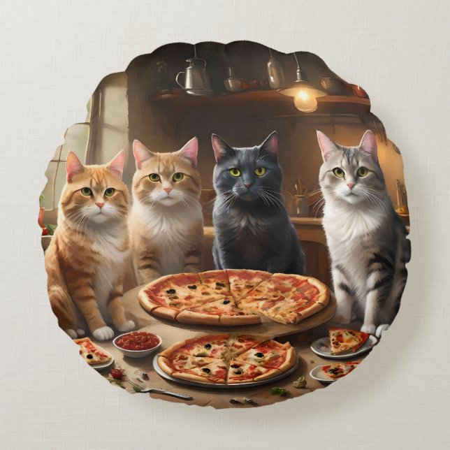 Kat Pizza Avond, Rond Kussen (Voorkant)
