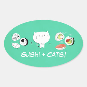 Kat plus Sushi staat voor schattigheid! Ovale Sticker