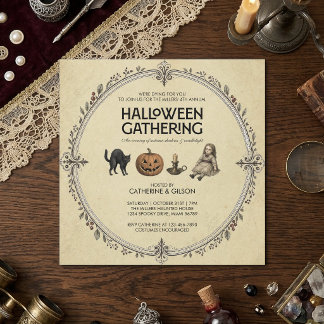 Kat, Pompoen, Kaars & Pop Vintage Halloween Kaart