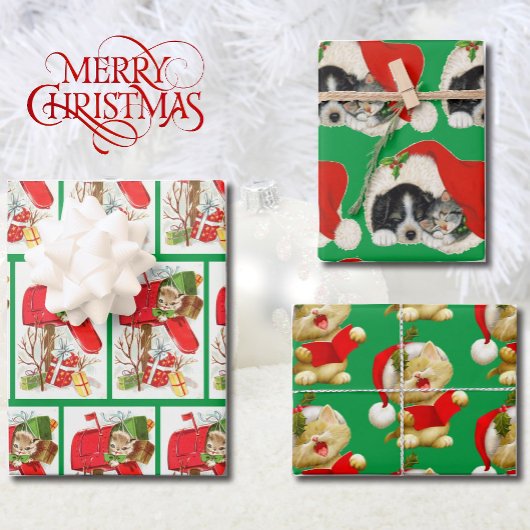  Kat & Puppy Red & Green met 3 kerst Inpakpapier Vel
