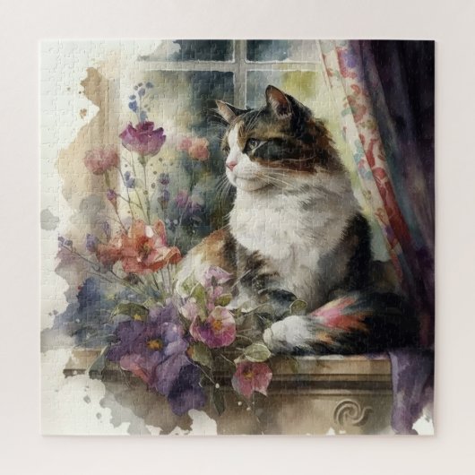Kat Purple Flowers Window Sunlight Legpuzzel (Verticaal)