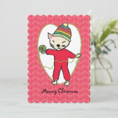 Kat pyjama garen breien haakwerk Kerstmis Feestdagenkaart (Staand voorkant)