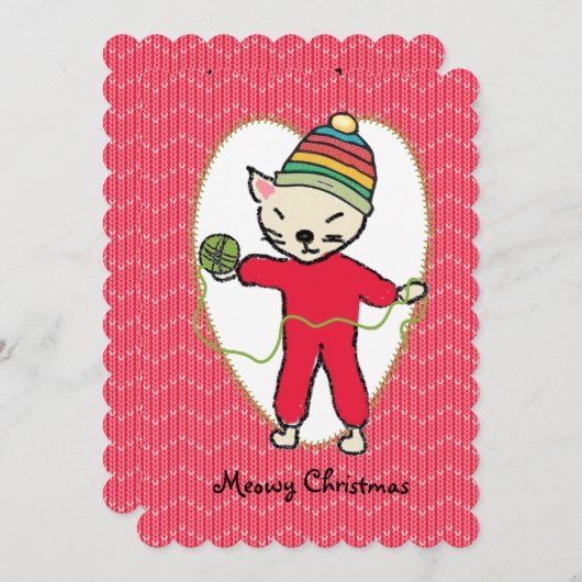 Kat pyjama garen breien haakwerk Kerstmis Feestdagenkaart (Voorkant / Achterkant)