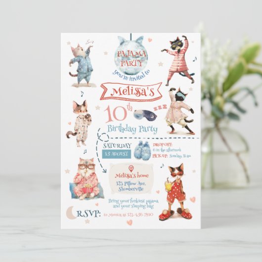 Kat Pyjama Party Uitnodiging voor verjaardag (Staand voorkant)