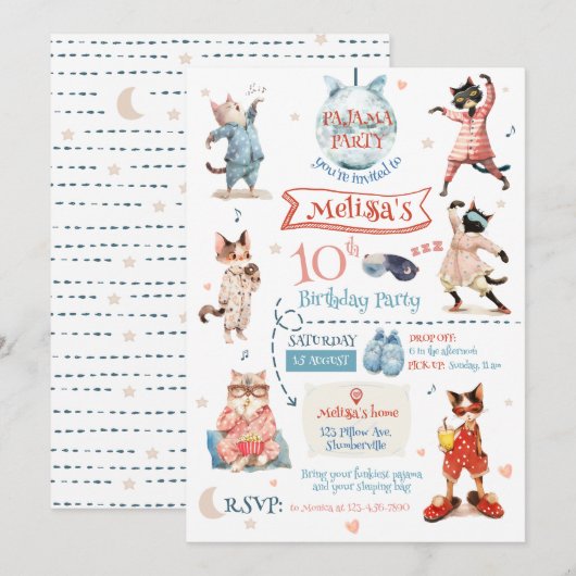 Kat Pyjama Party Uitnodiging voor verjaardag (Voorkant / Achterkant)