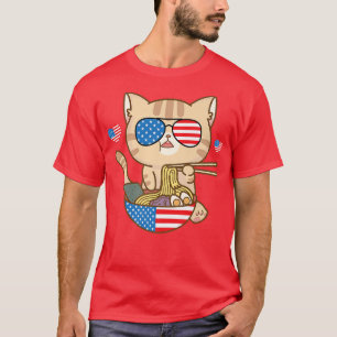 Kat Ramen American Anime Flag 4 juli Funny Pa T-shirt