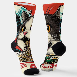 Kat Ramen Japanse Kunst Vintage Stijl Sokken