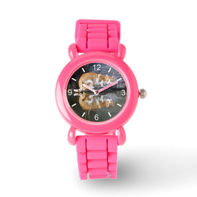 Kat Reflection in Vijver Water Foto meisje wijzerp Horloge (Voorkant)