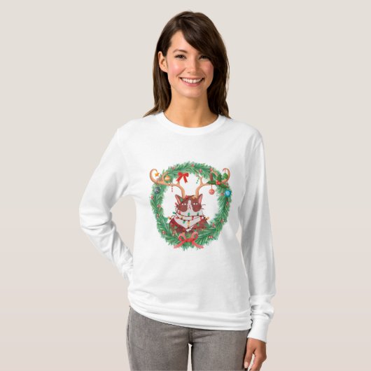 Kat Reindester Wreath Long geeved T-shirt (Voorkant volledig)