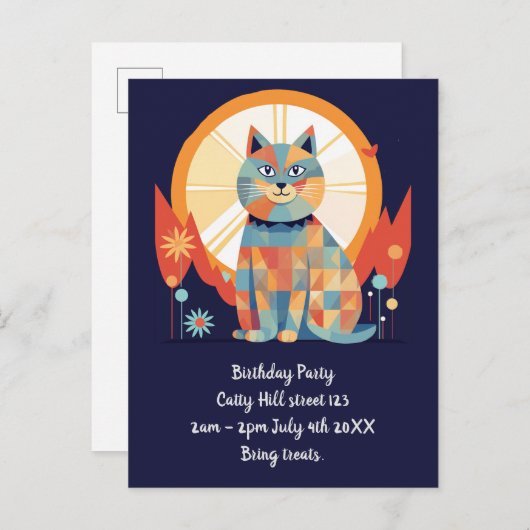 Kat Retro Feest Uitnodiging (Voorkant / Achterkant)