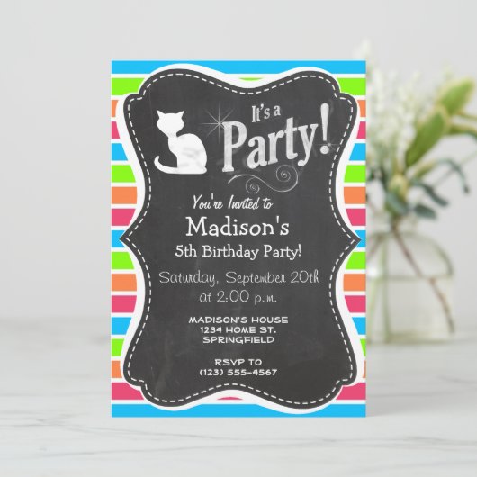 Kat; Retro Neon Regenboog Kaart (Staand voorkant)