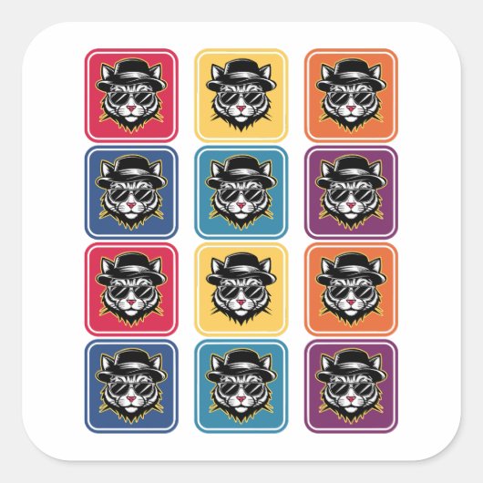 Kat Retro Pop Art Vierkante Sticker (Voorkant)