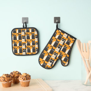 Kat Retro zwart geel patroon Ovenwant & Pannenlap Set