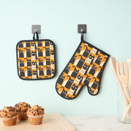 Kat Retro zwart geel patroon Ovenwant & Pannenlap Set (Insitu(Ophanging))