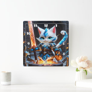 Kat Ridder in pantser Met een vlammend zwaard Vierkante Klok