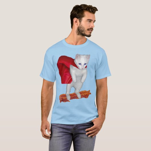 Kat Riding Bacon met superheld Kaap T-shirt (Voorkant volledig)