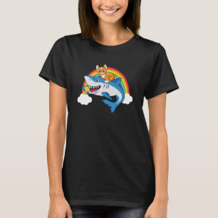 Kat Riding Shark Eating Citroen Met Regenboog Voor T-shirt