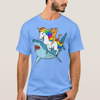 Kat Riding Unicorn Riding Shark Design T-shirt