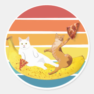 Kat rijden banaan en houden pizza retro ronde sticker
