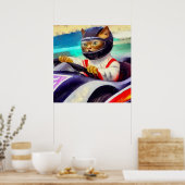 Kat rijden in een raceauto poster (Keuken)