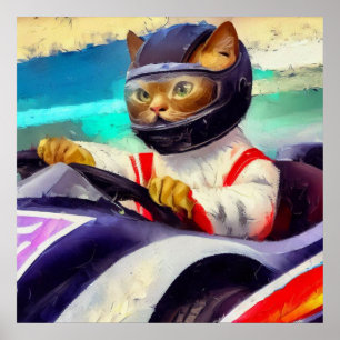 Kat rijden in een raceauto poster