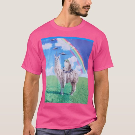 Kat Rijden Llama Eenhoorn Regenboog Ufo T-shirt (Voorkant)