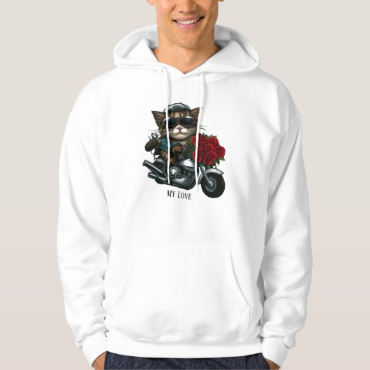 Kat rijden motorfiets rode rozen bloemen mijn lief hoodie (Voorkant)