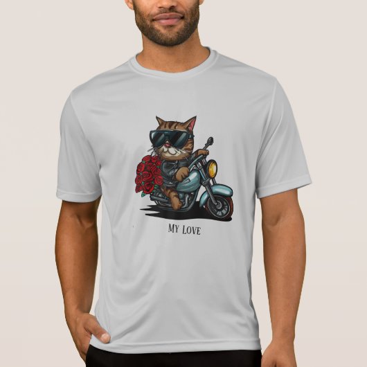 Kat rijden motorfiets rode rozen bloemen mijn lief t-shirt (Voorkant)